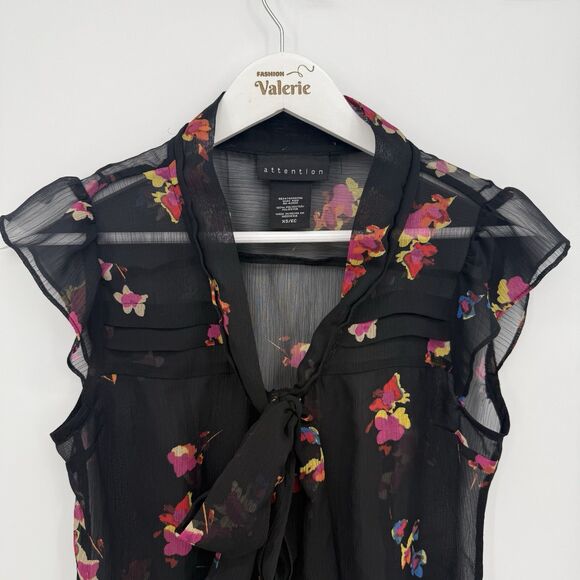 Attention Black Multi Floral Sheer Button Blouse Top Bow Tie Size XS - Picture 2 of 8